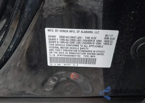 2017 Honda Pilot Ex-L z USA, uszkodzony, nr VIN 5FNYF6H56HB047194